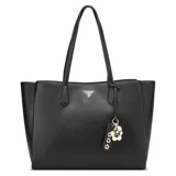Cartera tipo shopper Guess modelo Griffin, color negro con textura granulada. Cuenta con cierre superior, asas dobles de hombro y placa triangular metálica con logo en el frente. Incluye un colgante decorativo con charms de flores y etiqueta de cuero sintético.