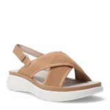 Sandalias de mujer color beige con plataforma blanca. Presentan tiras anchas cruzadas en el empeine, una de ellas de tejido de punto. Cuentan con tira ajustable en el talón.