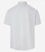 Camisa de manga corta con cuello inglés y cierre frontal abotonado, confeccionada en una mezcla de fibras de bambú, viscosa, poliéster y elastano. Presenta un diseño liso y entallado.