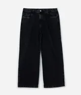 Pantalón wide leg de jean con efecto marmorizado, de tiro alto, con bolsillos laterales y cierre frontal con botón y cremallera.
