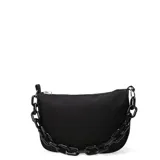 Cartera tipo bandolera de color negro, con diseño minimalista y cierre superior. Presenta un parche rectangular con el logo de la marca N+Club en la esquina inferior derecha y herrajes metálicos en los laterales para la correa.