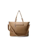 Cartera tipo tote de Las Oreiro, color beige, confeccionada en material sintético con textura granulada. Presenta un bolsillo frontal con cierre metálico, doble asa superior y herrajes plateados. Incluye un pequeño detalle metálico en forma de labios en la parte superior central.