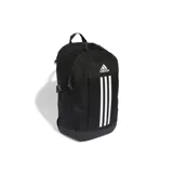 Mochila Adidas negra con tres tiras blancas verticales en el frente. Cuenta con múltiples bolsillos y compartimento acolchado para laptop.