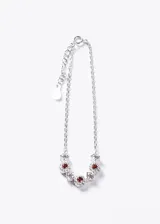 Pulsera de plata 925 con diseño de cadena de eslabones y sección central decorada con zirconias rojas rodeadas de zirconias blancas transparentes. Cuenta con cadena de extensión y cierre ajustable.