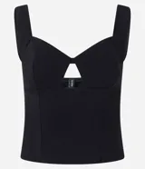 Blusa cropped de bengalina color negro, con escote corazón, recorte central en el pecho y breteles anchos estructurados.