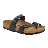Sandalia Birkenstock modelo Mayari con tiras de cuero engrasado negro, hebillas metálicas ajustables y plantilla anatómica de corcho y látex.