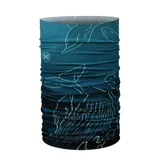 Bufanda tubular multifuncional Buff, confeccionada en tejido elástico con protección solar UPF 50. Presenta un diseño estampado con motivos de ballenas en tonos azules y negros.