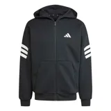 Campera deportiva Adidas con capucha y cierre frontal completo. Presenta un diseño en color negro con las icónicas tres franjas blancas en las mangas y el logo de la marca en el pecho. Incluye bolsillos laterales y puños acanalados.