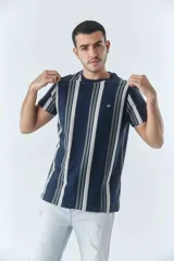Remera de hombre con diseño de rayas verticales en tonos azul marino y gris, cuello redondo y manga corta. Presenta un pequeño logo bordado en el pecho.