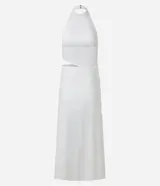 Vestido midi blanco de bengalina, con frente única, espalda descubierta, abertura lateral en la cintura y fruncidos.
