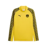 Buzo deportivo Puma de entrenamiento del Peñarol, modelo con 1/4 de cierre frontal. Color amarillo con mangas largas que presentan un estampado geométrico en negro y amarillo, cuello alto, el logo de Puma y el escudo del club.