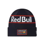 Gorro de lana tipo beanie con vuelta, color azul marino. Presenta el logo de Red Bull tejido en blanco con líneas rojas horizontales y un parche frontal con el logo de Oracle Red Bull Racing.