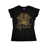 Remera negra de corte entallado con estampa frontal dorada del logo de la banda Queen.