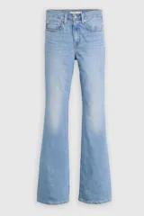 Jeans de tiro alto con corte acampanado, confeccionados en denim de lavado claro. Presentan cierre de botón y cremallera, con diseño clásico de cinco bolsillos.