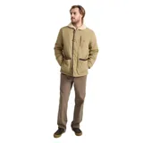 Campera de invierno Roark modelo Axeman II, color beige, con cuello de corderito sintético, cierre frontal con cremallera y botones tipo toggle, bolsillos laterales y bolsillo superior con cierre.
