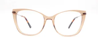 Armazón de acetato color beige con forma de ojo de gato y detalles en marrón oscuro en las esquinas superiores.