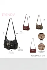 Cartera Trendy color marrón, estilo bandolera de cuero sintético con múltiples bolsillos externos frontales con solapa, hebilla decorativa grande, tachas metálicas y asa ajustable para el hombro.