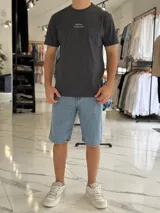 Remera gris melange de manga corta y corte clásico, con estampa en la espalda que dice "Wildest in the club" junto a un gráfico de un disco compacto.
