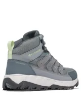 Botas de trekking Columbia modelo Strata Trail Mid Wp, color gris con detalles en verde lima. Diseñadas con tecnología impermeable Omni-Tech y suela Omni-Grip para mayor tracción en senderos.