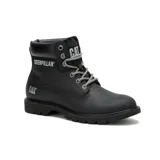 Bota de cuero negra con cordones bicolores, cuello acolchado y suela de goma dentada de alta tracción. Presenta el logo de la marca en el lateral y en la lengüeta.