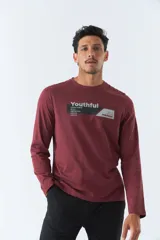 Remera de hombre color bordó, de manga larga y cuello redondo. Presenta un estampado con la palabra "Youthful" y el logo de la marca Mistral.