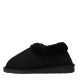Pantuflas cerradas de estilo botineta, color negro, con interior y borde superior de piel sintética suave. Poseen suela plana de goma antideslizante.