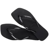 Ojotas Havaianas modelo Slim Square con puntera cuadrada, diseño minimalista en color negro con tiras finas y logo metálico aplicado.
