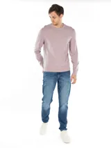 Sweater de punto lila con cuello redondo y logo CK bordado en el pecho.