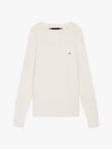 Sweater de punto trenzado color blanco con cuello redondo, mangas largas y detalles acanalados en puños y bajo, de la marca Tommy Hilfiger.