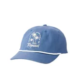 Gorra Rip Curl azul con cordón blanco decorativo sobre la visera, y estampa frontal blanca con diseño de palmeras y texto.
