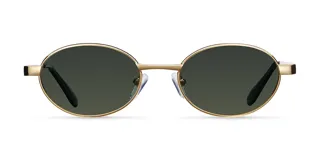 Lentes de sol con montura ovalada de acero inoxidable en color dorado y lentes polarizadas en tono verde oliva. Presentan un diseño minimalista con patillas de terminación en acetato.