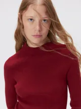 Remera de cuello alto tipo polera, confeccionada en tela rib con textura acanalada y ajuste al cuerpo. Presenta mangas largas y un pequeño bordado distintivo en la parte inferior.