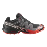 Championes Salomon Speedcross 6 Gore-Tex para trail running, color negro con detalles en rojo y beige. Incorporan membrana impermeable, sistema de ajuste rápido y suela con tecnología Contagrip para mayor adherencia.