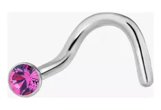Piercing para la nariz de acero quirúrgico con forma de gancho y un cristal redondo color celeste. Largo de 8mm y grosor de 0.6mm.