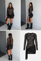 Vestido corto negro de encaje transparente, con mangas largas y un nudo decorativo en la parte delantera de la falda.