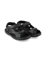 Sandalia negra de cuero con diseño ergonómico, ajuste mediante tiras con velcro y suela de goma antideslizante.