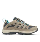 Championes de trekking Columbia modelo Crestwood, con diseño de caña baja. Presentan una combinación de cuero gamuzado y malla técnica en tonos gris y beige, con detalles en color turquesa en los cordones y el interior. Cuentan con entresuela Techlite para amortiguación y suela de goma Omni-Grip de alta tracción.