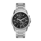 Reloj Armani Exchange modelo Banks con caja de acero plateado de 44mm y esfera negra con cronógrafos. Correa de acero inoxidable plateada. Resistente al agua hasta 50 metros.