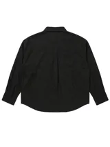 Camisa de manga larga color negro, de corte holgado, cuello camisero, cierre frontal con botones y un bolsillo aplicado en el pecho. Confeccionada en mezcla de lino y viscosa.