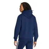 Canguro Adidas color azul marino, con capucha ajustable por cordón, bolsillo tipo canguro al frente, puños y dobladillo acanalados. Presenta las tres tiras características de la marca en blanco a lo largo de las mangas y el logo del trifolio bordado en el pecho.