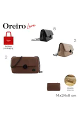 Cartera tipo bandolera de color camel, con solapa frontal, cierre magnético circular negro y detalle de aplique metálico en forma de labios. Incluye correa de cadena metálica negra.