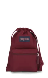 Mochila tipo bolso con cordón ajustable, color borgoña, con bolsillo frontal con cierre y logo de la marca JanSport estampado en el frente.