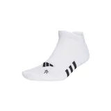 Pack de tres pares de medias deportivas Adidas de corte bajo, color blanco con tres tiras negras en el tobillo y logo de la marca en el empeine.