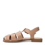 Sandalias franciscanas de cuero negro para mujer, con diseño de tiras cruzadas, hebilla metálica dorada de ajuste en el lateral y suela plana.