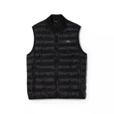 Chaleco acolchado negro con cierre frontal y cuello alto. Logo de Lacoste bordado en el pecho.
