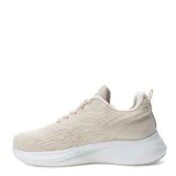 Championes deportivos de mujer en color blanco, con detalles en turquesa y lila. Presentan un diseño de malla transpirable, cierre con cordones y suela con amortiguación.