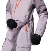 Campera tipo anorak de esquí Columbia, impermeable y transpirable con tecnología Omni-Tech. Presenta un diseño en bloques de color lila, con media cremallera frontal en color naranja, capucha ajustable compatible con casco, bolsillo canguro frontal y bolsillo en el pecho con cierre.