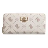 Billetera rectangular Guess modelo Emelie, con cierre perimetral y estampado de monograma de la marca en tonos beige y marrón. Presenta un aplique metálico dorado con el logo en la parte frontal.