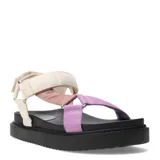 Sandalias con plataforma color beige, rosa y lila.