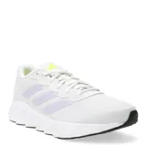 Championes deportivos Adidas modelo Switch Move, color blanco con las icónicas tres tiras en tono lila suave y detalles en amarillo neón en la lengüeta. Presentan una suela de espuma blanca con base negra y un diseño de malla transpirable.